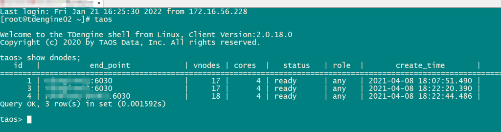 11 億條數據壓縮到 12GB,TDengine 在陜煤礦山項目的落地實踐 - TDengine Database 時序數據庫 taos> show dnodes;
TDengine Database