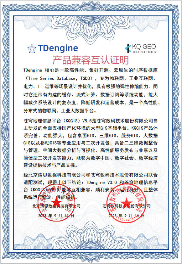 物联|IoTq_、工业大数据q_ TDengine 与苍I地理信息^台完成兼容互认证 - TDengine Database 时序数据? class=